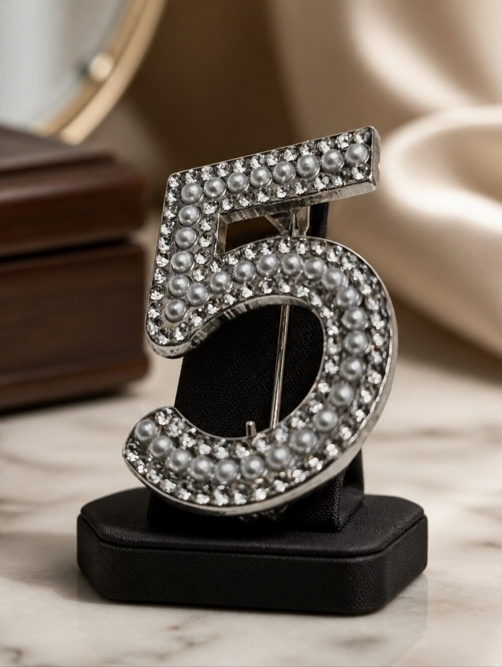 Crystal & Pearl Number 5 Brooch Pin - Silver Tone